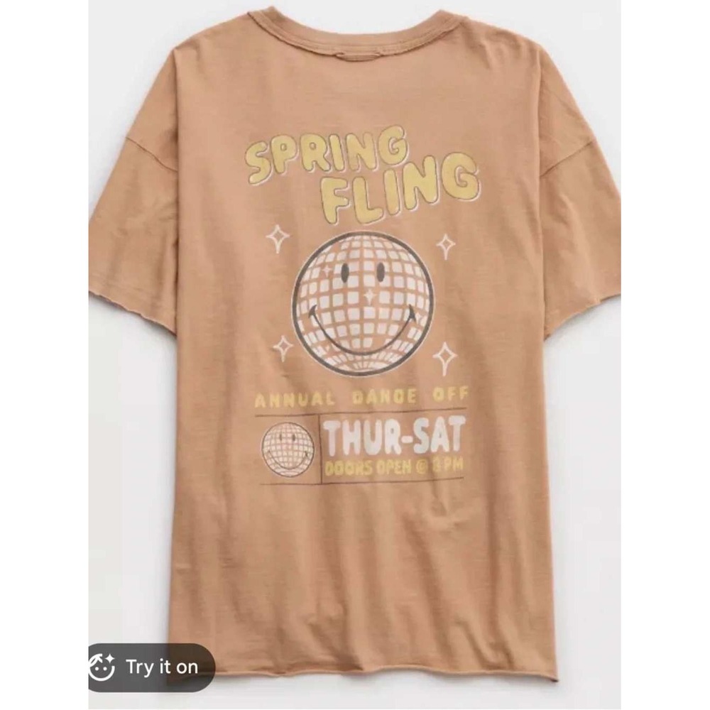 Aerie Brown Graphic T-Shirt Spring Fling Disco Ball Smiley Face Oversized Small - Picture 2 of 7